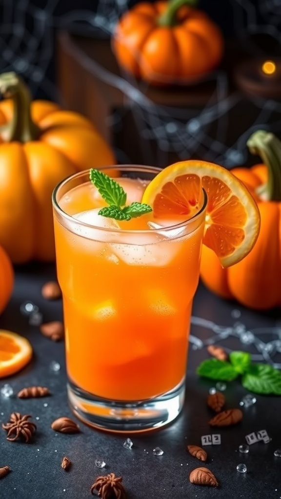 A spooky tangerine mocktail with ice, garnished with mint and tangerine slices, set against Halloween decorations.
